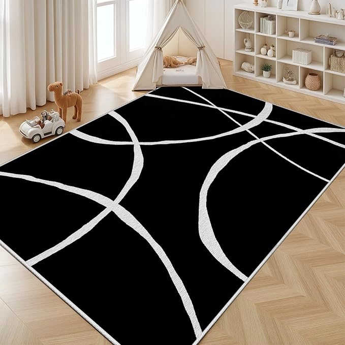 Black and White Rugs, Abstract Rug, Modern Minimalist Rug, Curved Line Design Carpet, Black and White Abstract Rugs Washable Non Slip Home Decor 6x8