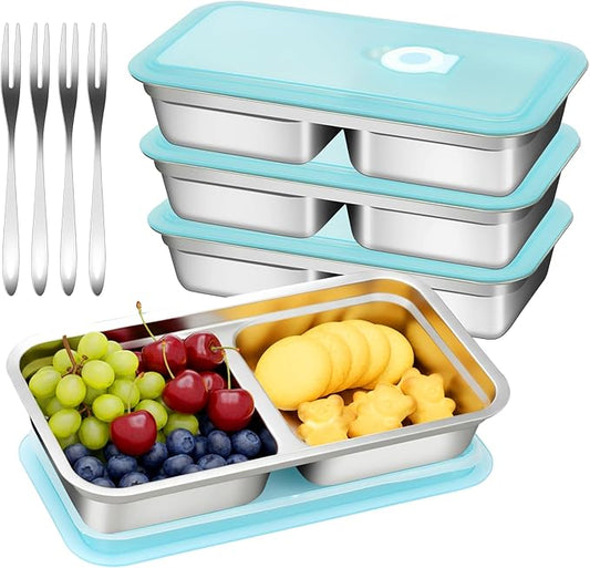 vovoyager Stainless Steel Snack Containers with Lids, Reusable Bento Lunch Container Box, Food Storage, Leak Proof, Dishwasher-Safe, Grab and Go for Work, 4 Pack-Double Compartment