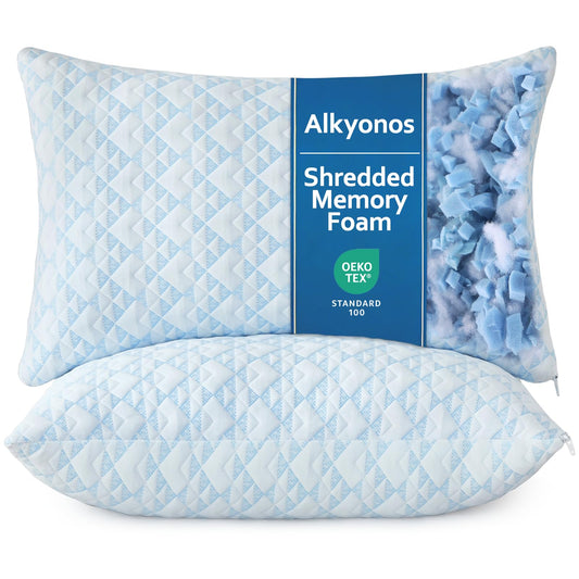 Alkyonos Shredded Memory Foam Pillows for Sleeping, Adjustable Firm Pillow for Side, Back and Stomach Sleepers, Very Soft ＆ Warm for Winter ＆ Spring, King Size Set of 2