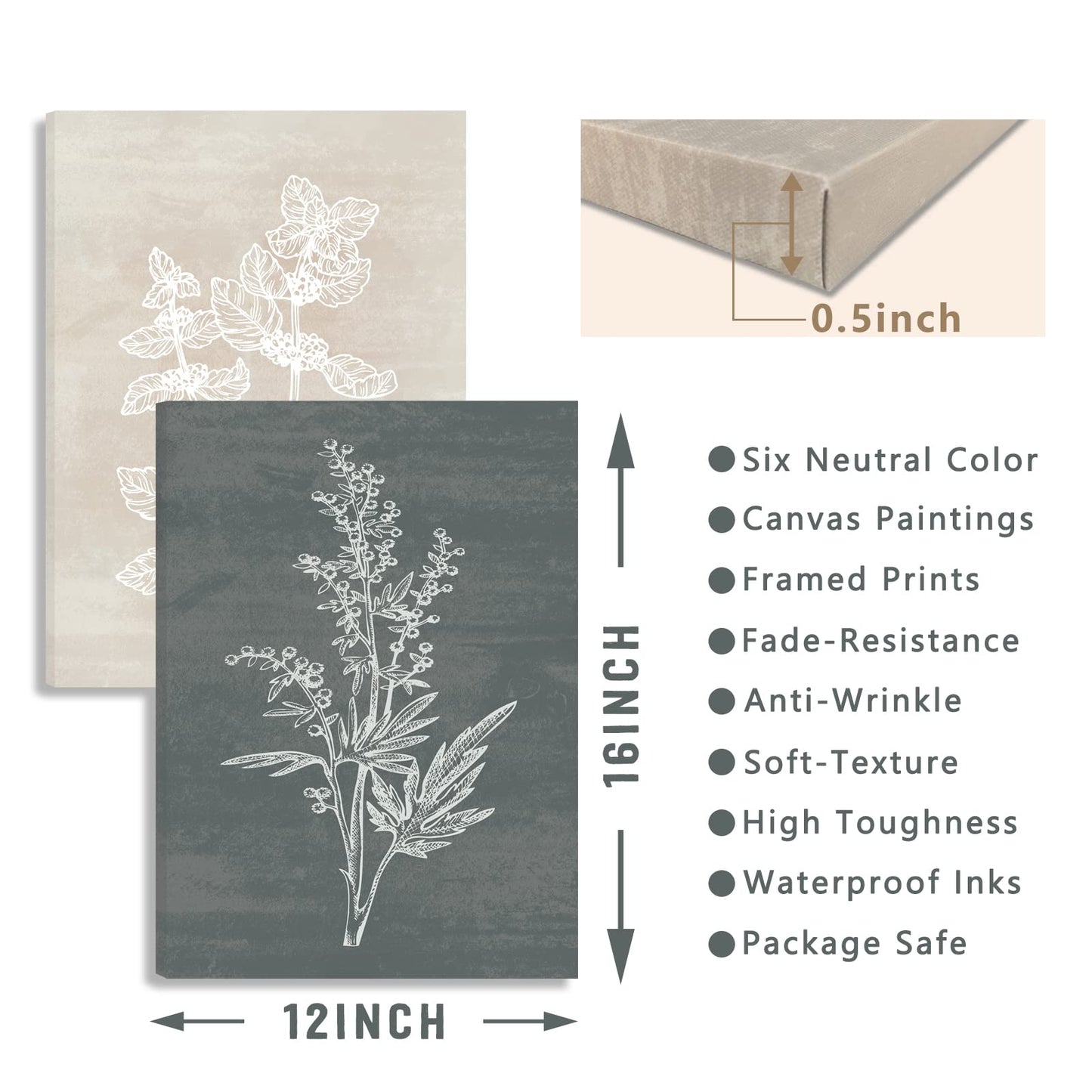 BINCUE Neutral Botanical Plant Canvas 6 Pieces Wall Art Rustic Wall Decor Farmhouse Wall Paintings Botanical Prints Simple Plants Wall Pictures Minimalist Flower Decor for Living Room Bedroom Bathroom Office Dining Room 12"x 16"