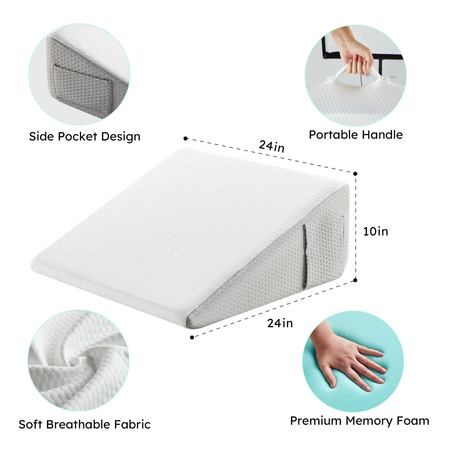 Bedluxe Wedge Pillow, 10 inch Bed Wedge Pillow for Headboard, Pillow Wedge for Acid Reflux Relief, Sleeping, Back Pain Relief, Snoring, Triangle Pillow Wedge, White/Grey