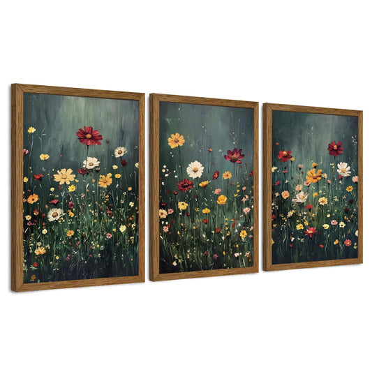 Urmoya 3 Pieces Vintage Floral Framed Canvas Wall Art, Nature Floral Landscape Wall Decor, Botanical Aestheticrt Art Prints for Living Room Bedroom Office Home Decoration 12x16 in Wood Framed