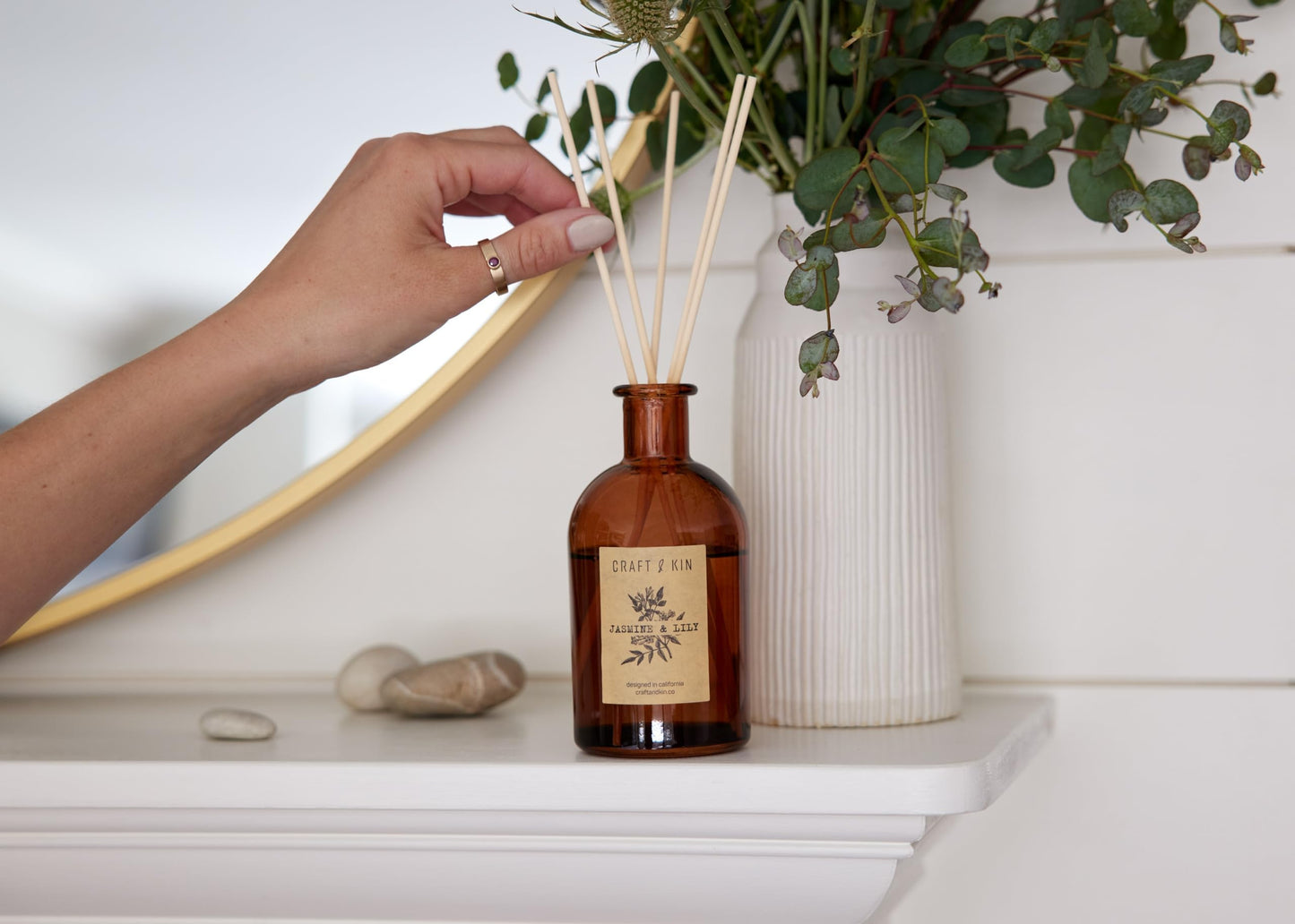Craft & Kin Lily & Jasmine Reed Diffuser – 5.75 oz Essential Oil Diffuser for Home & Bathroom – Up to 120-Day Fragrance with 8 Rattan Scent Sticks – Amber Glass Room Decor