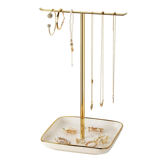 pickpiff Necklace Holder Stand with Ceramic Base: 12" Jewelry Tree Display Organizer for Necklaces, Bracelets, Rings, Earrings, Tall Gold Stand for Women, Aesthetic Room Décor, Gold and White