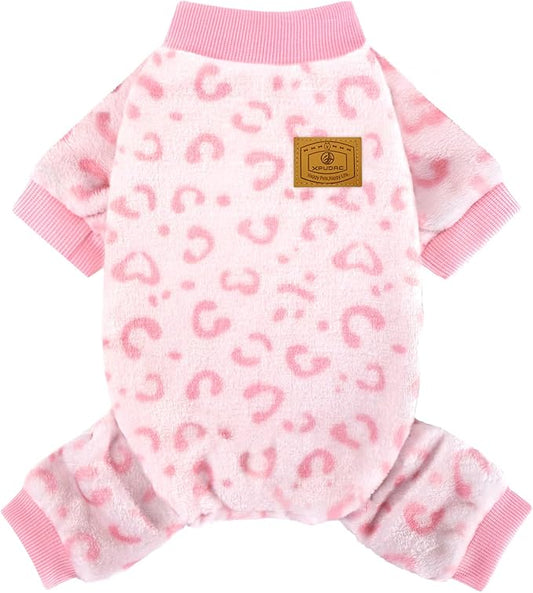 XPUDAC Dog Sweater Leopard Fleece Dog Pajamas for Small Medium Dogs Girl Soft Warm Pet Winter Clothes for Winter Christmas(Pink, Small)
