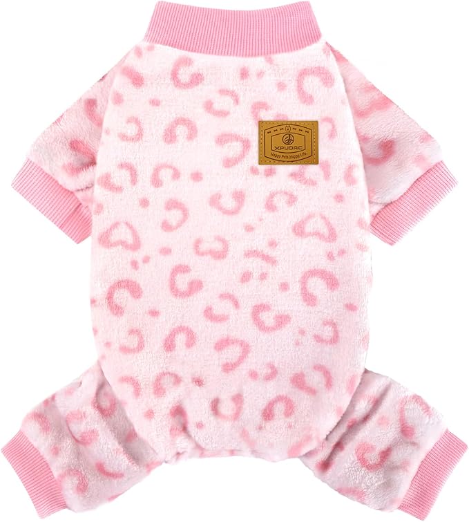 XPUDAC Dog Sweater Leopard Fleece Dog Pajamas for Small Medium Dogs Girl Soft Warm Pet Winter Clothes for Winter Christmas（Pink, X-Large）