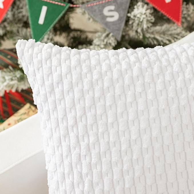 Kevin Textile Decorative Pillow Covers Soft Striped Velvet Throw Pillow Covers Set of 2 Cushion Cover for Chair 18 x 18 Inch Pure White