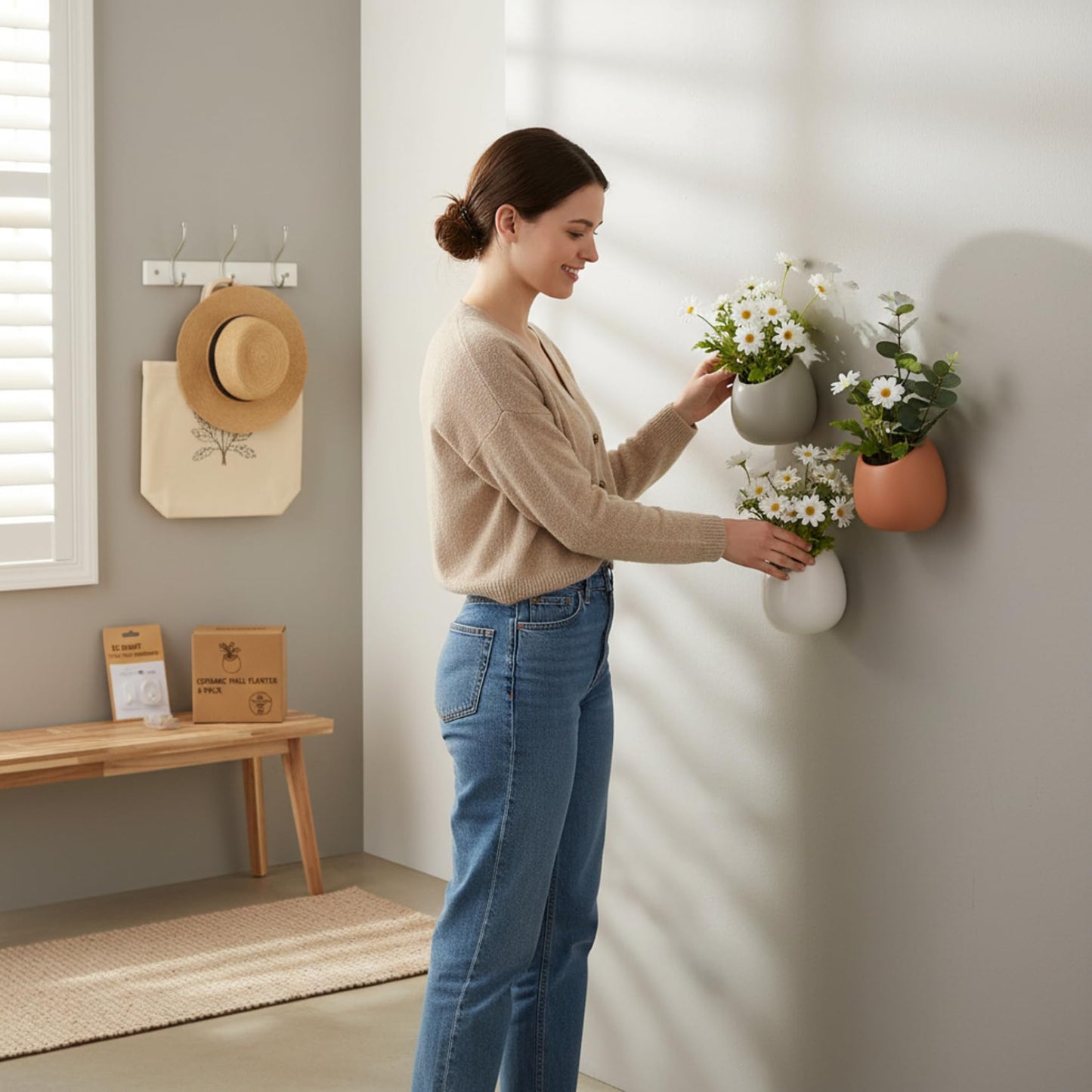 Tsawntd 2-Pack Ceramic Wall Planter with Hanging Hole Modern Hanging Plant Pot for Succulents and Small Plants Indoor Home Decor Planter, White Wall Mount