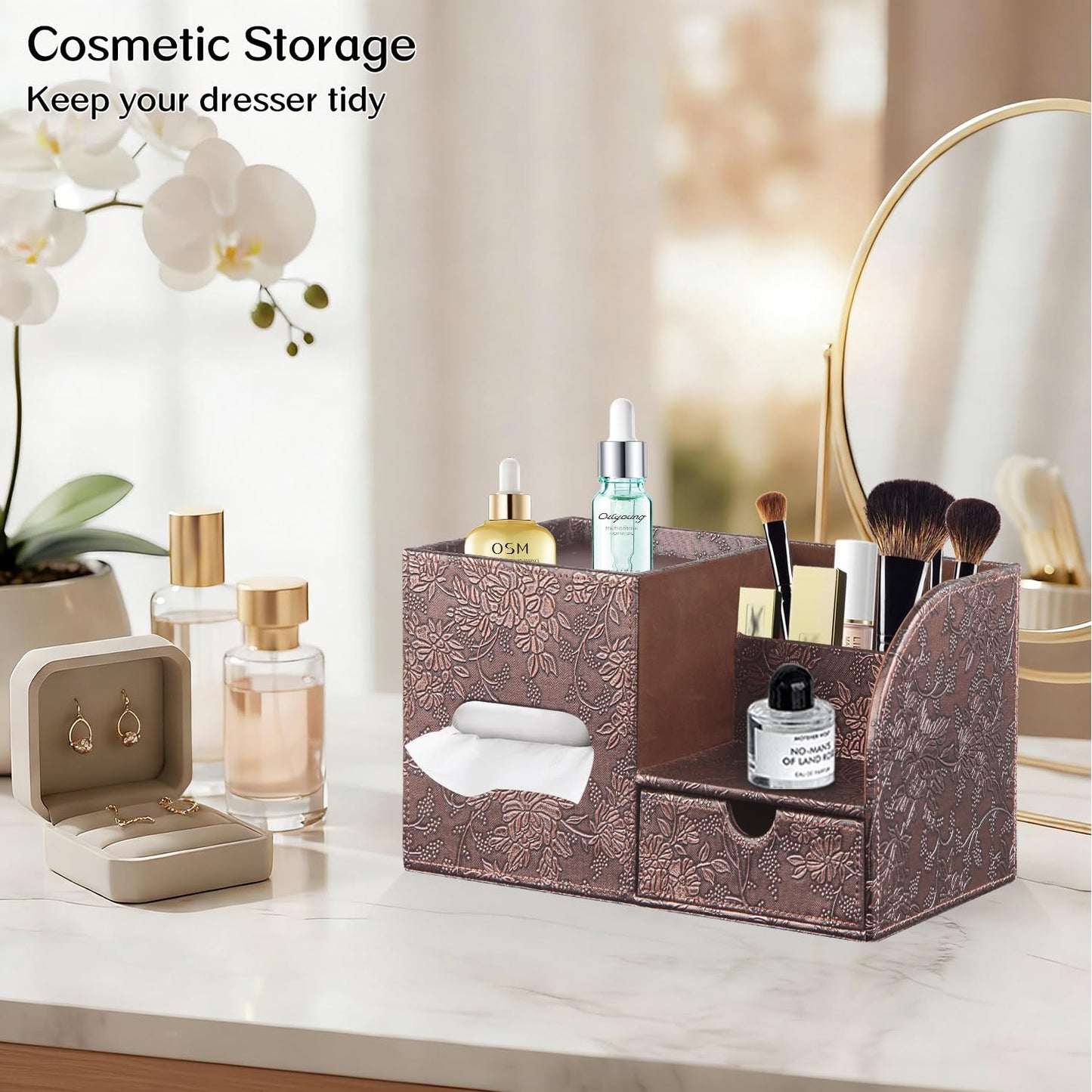Fanousy Square Tissue Box Cover with Drawer Storage and Tray on Top, PU Leather Tissues Cube Boxes Holder, Modern Nightstand Organizer Caddy, Remote Control Holder for Bathroom, Bedside, Office, Home