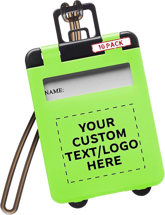 10 Mini Carry-on Luggage Tags Pack - Customizable Text, Logo - Flip Open Cover, ID Sticker - Lime Green