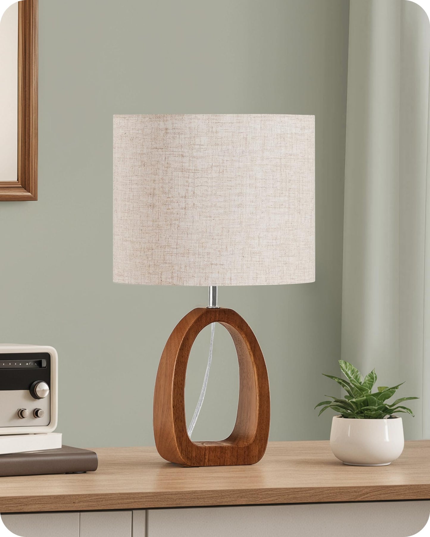 GOEBLESON Small Table Lamp, 14.2" Cute Little Desk Lamp, Wood Bedside Lamp with Linen Lampshade, Modern Nightstand Lamp for Bedroom, E26 Base, Bulb Not Included, Beige and Dark Natural LE07TL05