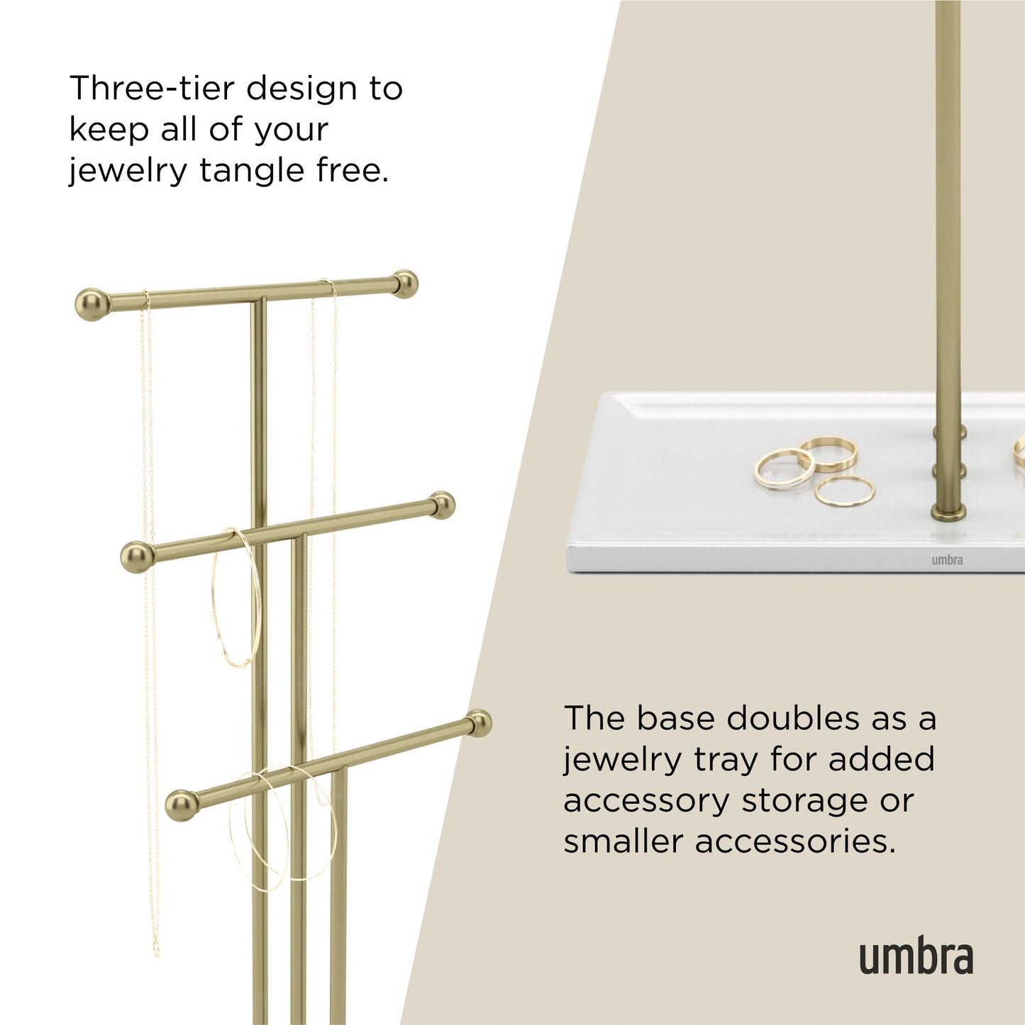 Umbra Trigem Hanging Jewelry Organizer Tiered Tabletop Free Standing Necklace Holder Display, White/Gold