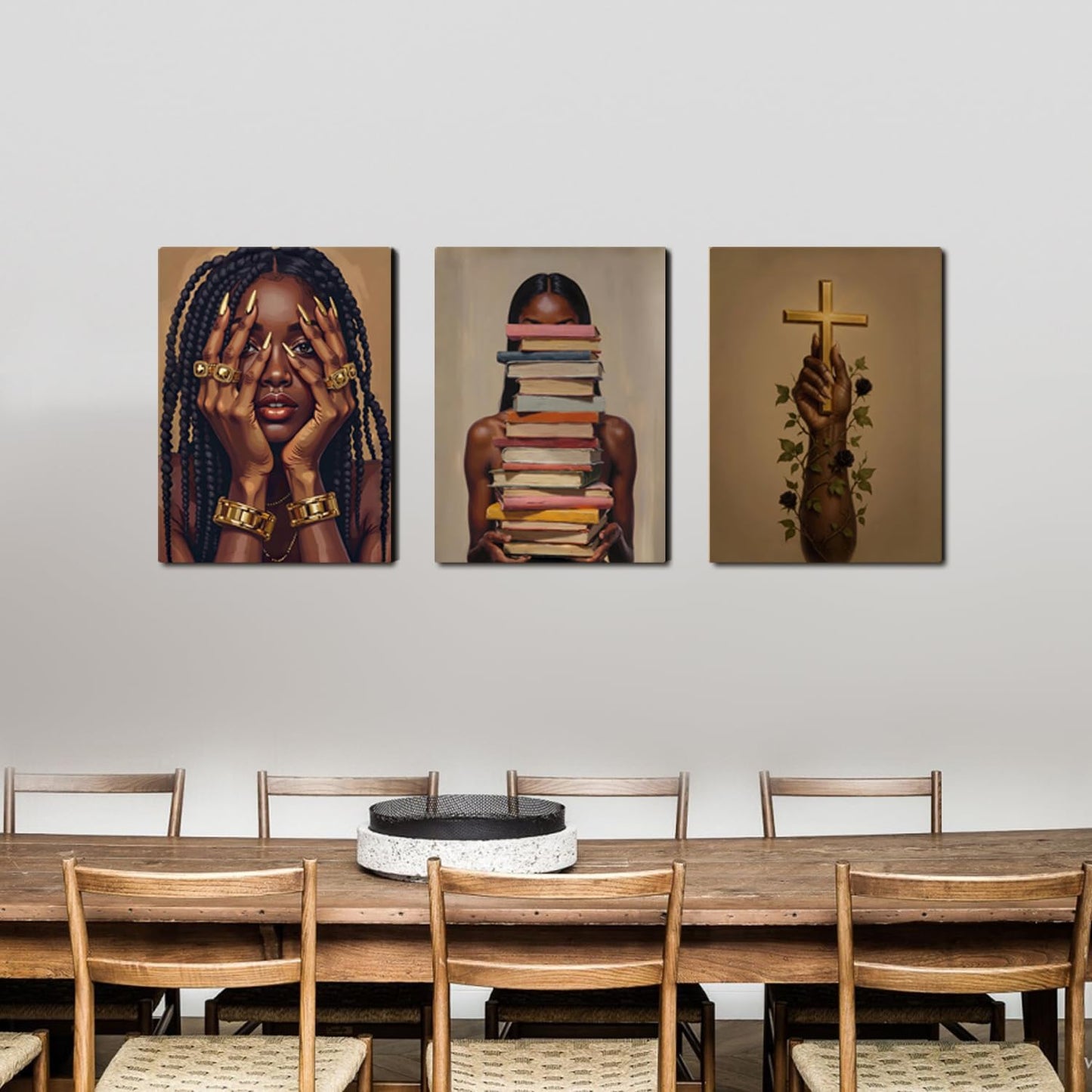Black Woman Wall Art Canvas Print Set of 3 Framed Poster Picture Modern Artwork Wall Decor African American Artwork Canvas Wall Art 24x16 Inch for Living Room Bedroom Ofﬁce
