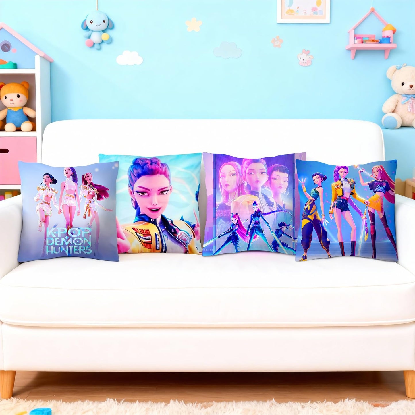 4Pack Demon Hunters Pillow Covers, 18" x 18" 4 Unique Designs, Soft Polyester, Decorative Pillowcases for Home, Fans, Gifts