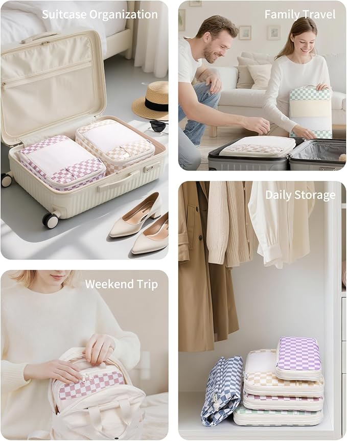 Narwey 5 Set Compression Packing Cubes for Travel, Luggage Packing Organizer Bags for Carry on Suitcase, Expandable Checkered Storage Bags with Laundry & Handle (Grayish Blue Checkerboard)