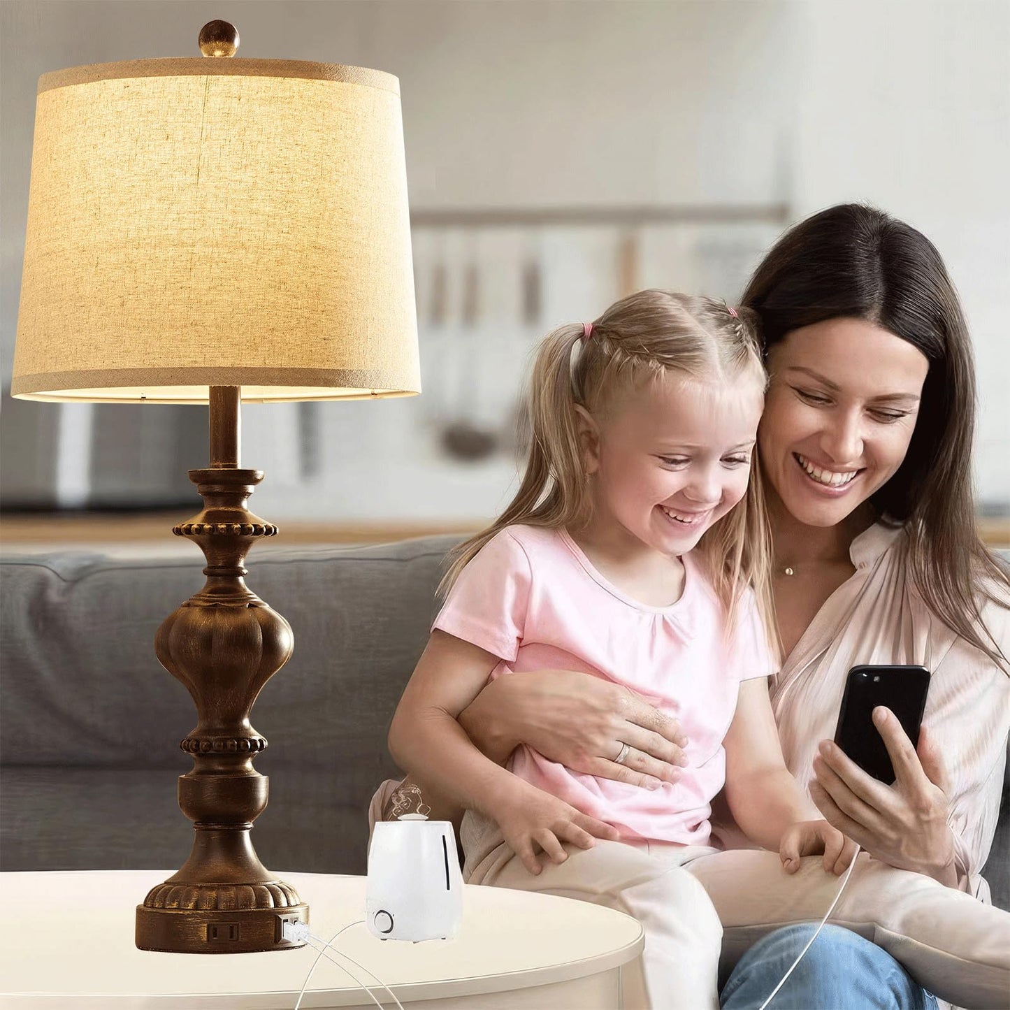 SAIWEYA 27.5" Farmhouse Table Lamps Set of 2 Bedside Nightstand Lamp with USB C+A Ports & AC Outlet, 3 Way Dimmable Touch Lamps for Bedroom Living Room Office Rustic Lamp