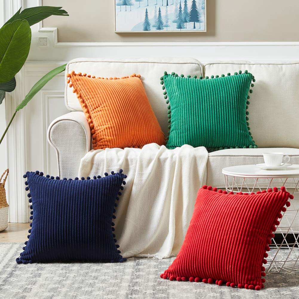 Fancy Homi Pack of 2 Corduroy Soft Decorative Throw Pillow Covers with Pom-poms, Solid Square Cushion Case Pillow Cases Set for Couch Sofa Bedroom Car Living Room (24x24 Inch/60x60 cm, Cream)