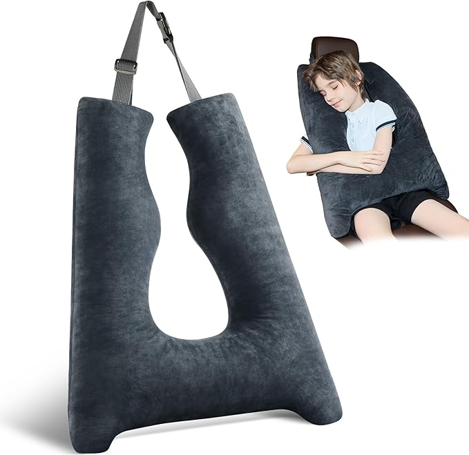 Car Pillow for Kids, Travel Pillow with Adjustable Strap, U-Shaped Pillow for Adults and Children to Support Head and Body Road Trip Essentials (Dark Grey)