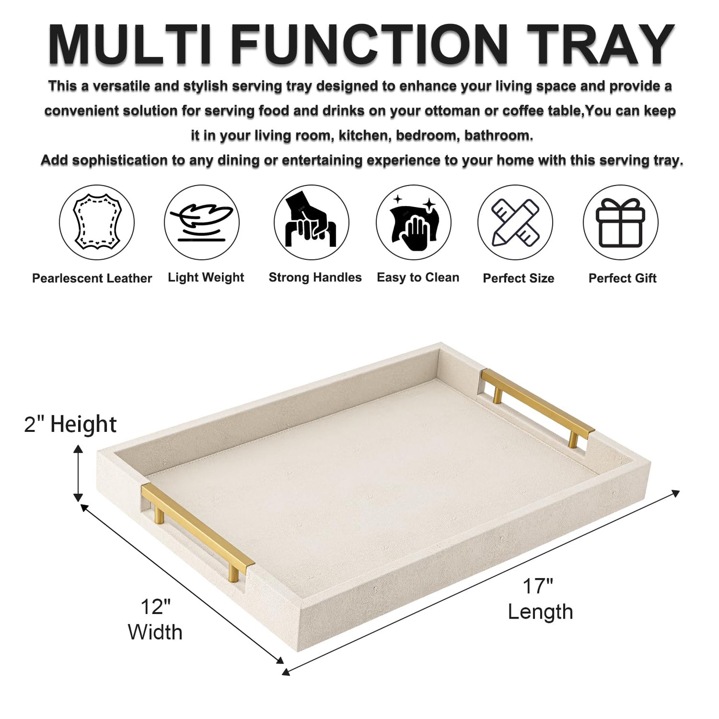 Beige Faux Leather Serving Tray with Handles – Large Decorative Tray for Coffee Table, Ottoman, Living Room, Bathroom – Home Decor