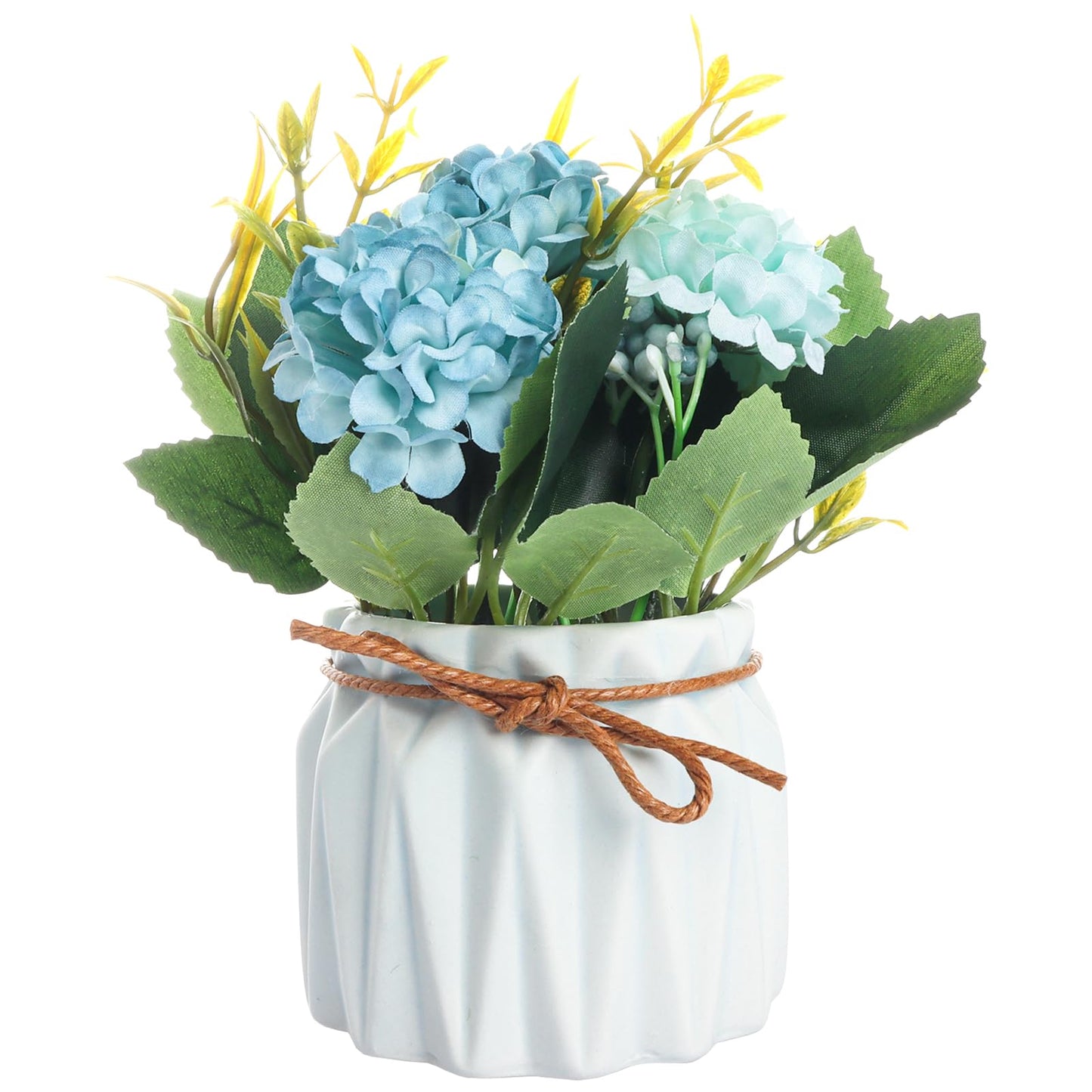 Fumwase Artificial Hydrangea Bouquet with Small Ceramic Vase Artificial Flower Plants Mini Fake Hydrangea Flowers Decoration Indoor for Home Office Table Bedroom Living Room Party (Blue)