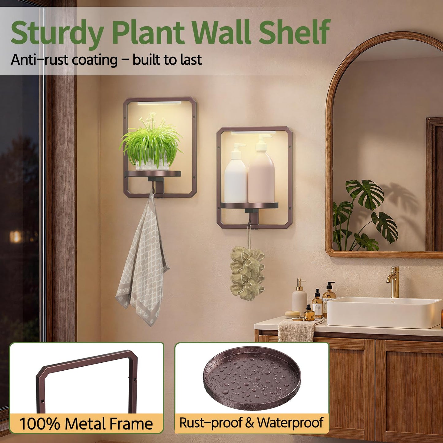 LASZOLA Plant Picture Frame Holder Wall Mount for Indoor Window, 2 Pack Modern Floating Flower Hanger Shelf with Hooks, Metal Stand Display Decor for Living Room, Brown
