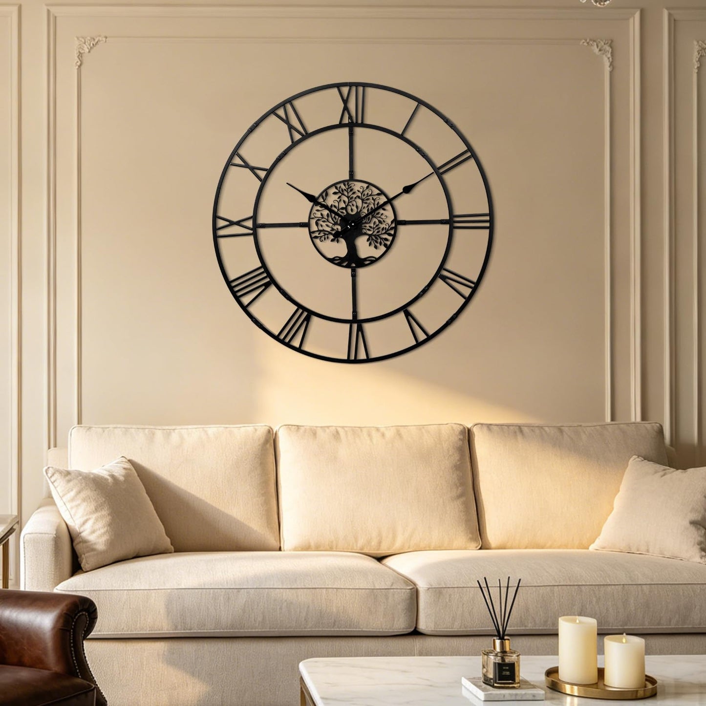 Ohweog 40 Inch Large Wall Clock for Living Room(Quick Assembly) – Black Metal Clock with Nature-Inspired Tree Design, Silent Non-Ticking, Battery Operated Roman Numeral Wall Clock for Home Decor