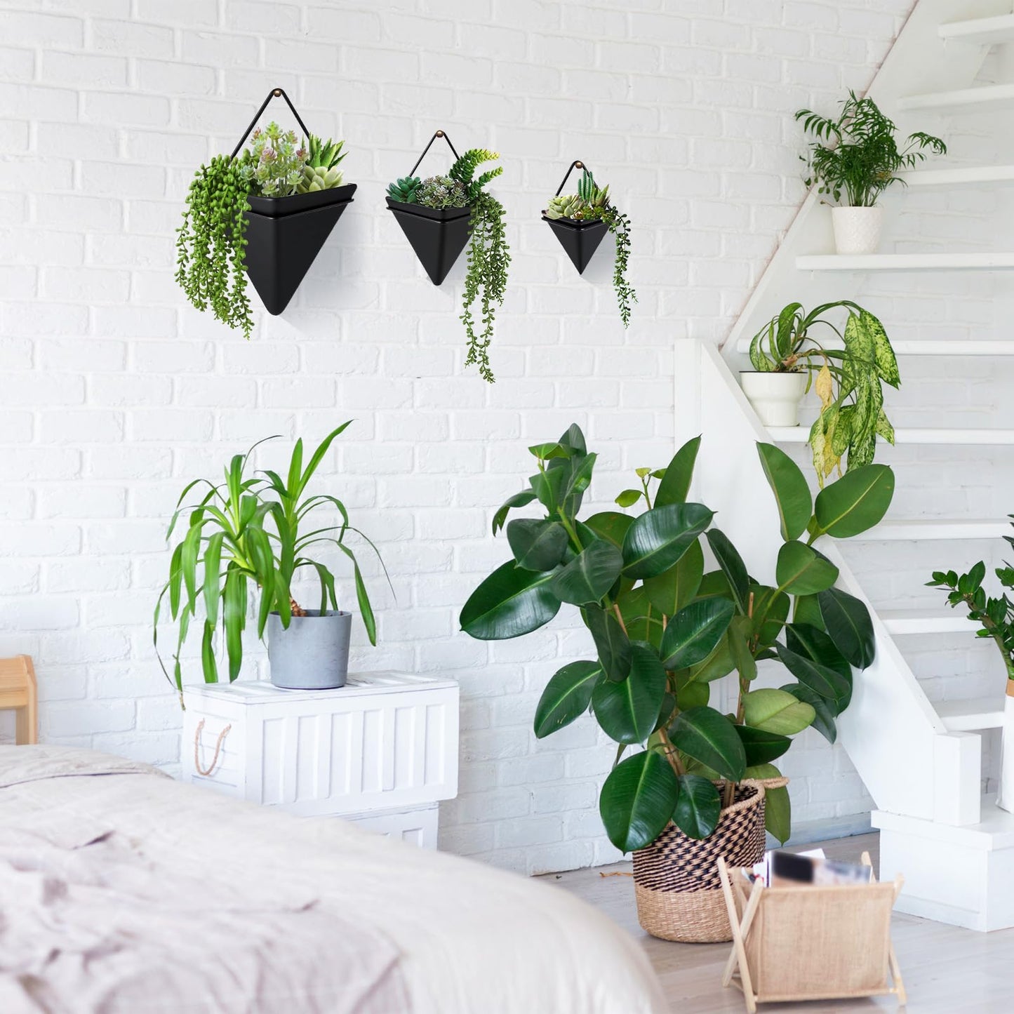 Rtteri 15 PCS Black Wall Hanging Planter Set with Artificial Succulents, 3 Ceramic Geometric Wall Planters in 3 Sizes, Modern Indoor Decor for Living Room Bathroom Office