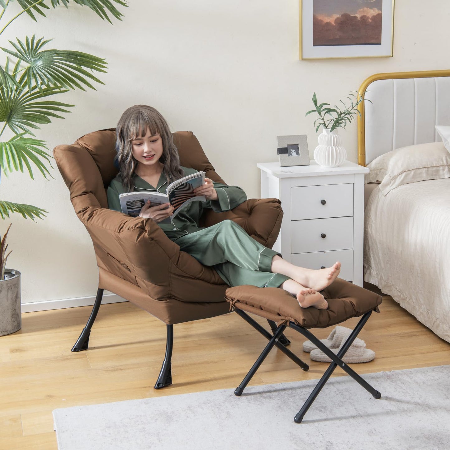 Giantex Lazy Chair with Ottoman, Accent Sofa Chair with Folding Footrest, Side Storage Pocket, Upholstered Leisure Lounge Armchair with Stool for Bedroom, Living Room, Office, Brown
