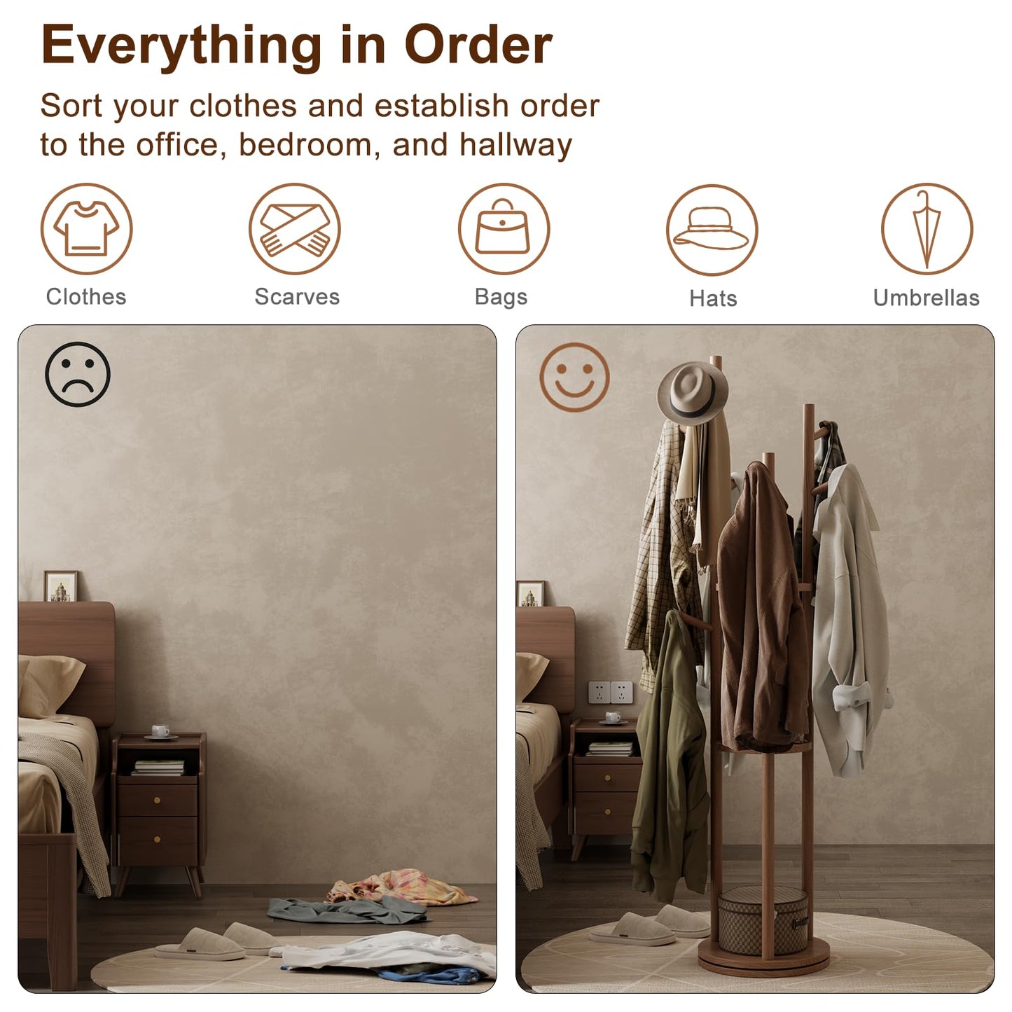 Muwuele Solid Wood Rotary Coat Rack, Freestanding Coat Rack with 3 Shelves and 9 Hooks, Coat tree for Bedroom, Entryway, Livingroom, Coat Hanger Stand for Coats, Scarves, Handbags (Walnut)
