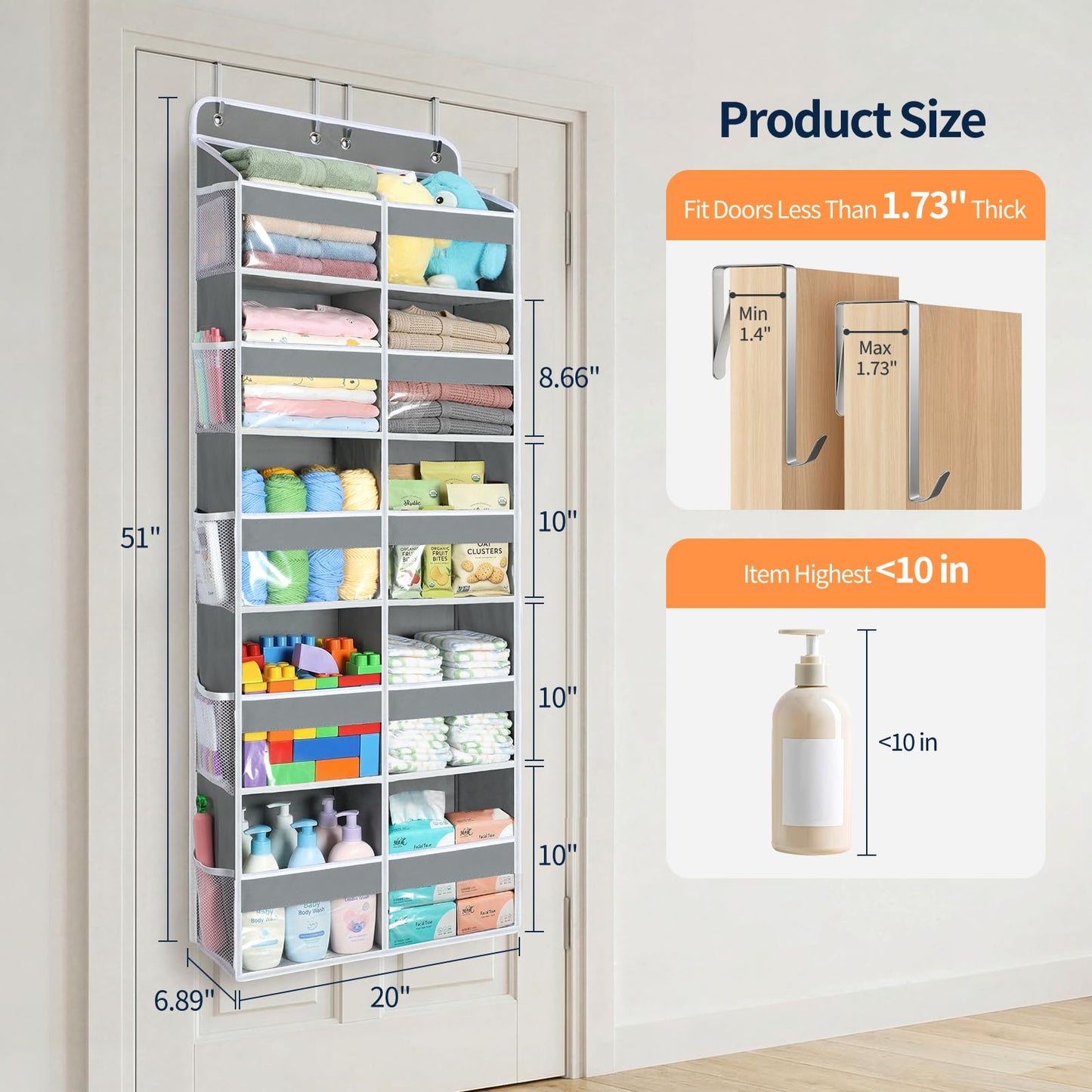 Yecaye Over The Door Organizer, 5 Tier Extra Large Behind Door Storage of 10 Compartments, 80lbs Heavy Duty Door Organizer Hanging with Clear Window for Closet Bedroom Pantry Bathroom, Grey