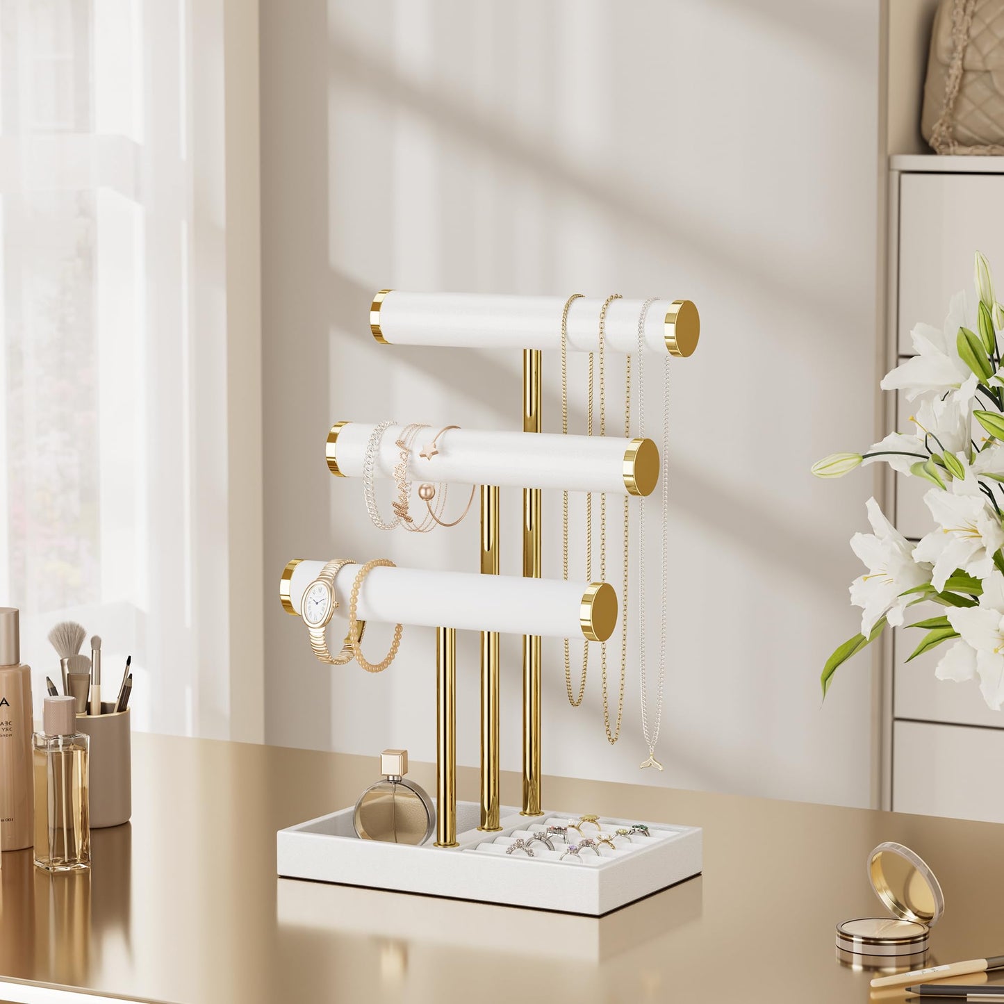 bussdis 3 Tier Bracelet Holder Display - White Leather Bracelet Holder, Detachable T Bar Jewelry Holder Organizer for Bracelet, Necklace, Earrings, Rings, Watches, Bangle