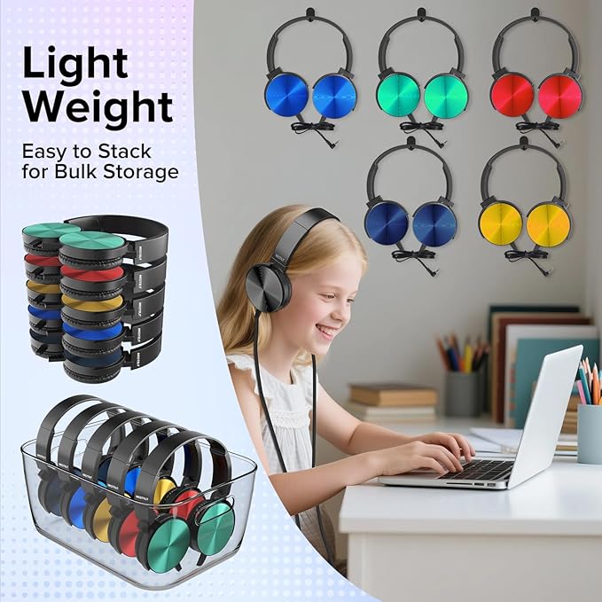 24 Pack Bulk Headphones for Classroom,Adjustable Wired Black Over-Ear Headsets with 3.5 mm Plug for Kids Students School Library Museums Charity Donate (HTC004 Black)