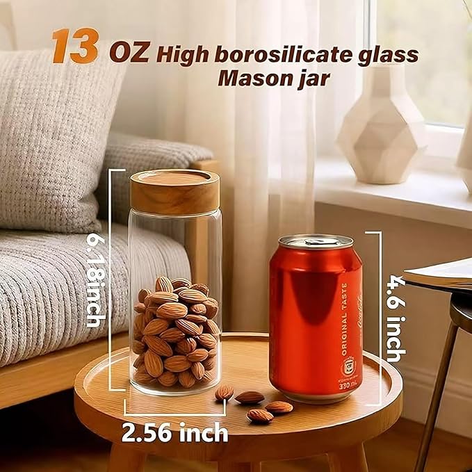 Zoaiirte 6 -Piece 13 oz Food-Grade Glass Mason Jars with Acacia Wood Lids, Sealable Waterproof, Transparent Easily Stackable for Overnight Oats, Spice Storage & Snack Organizing