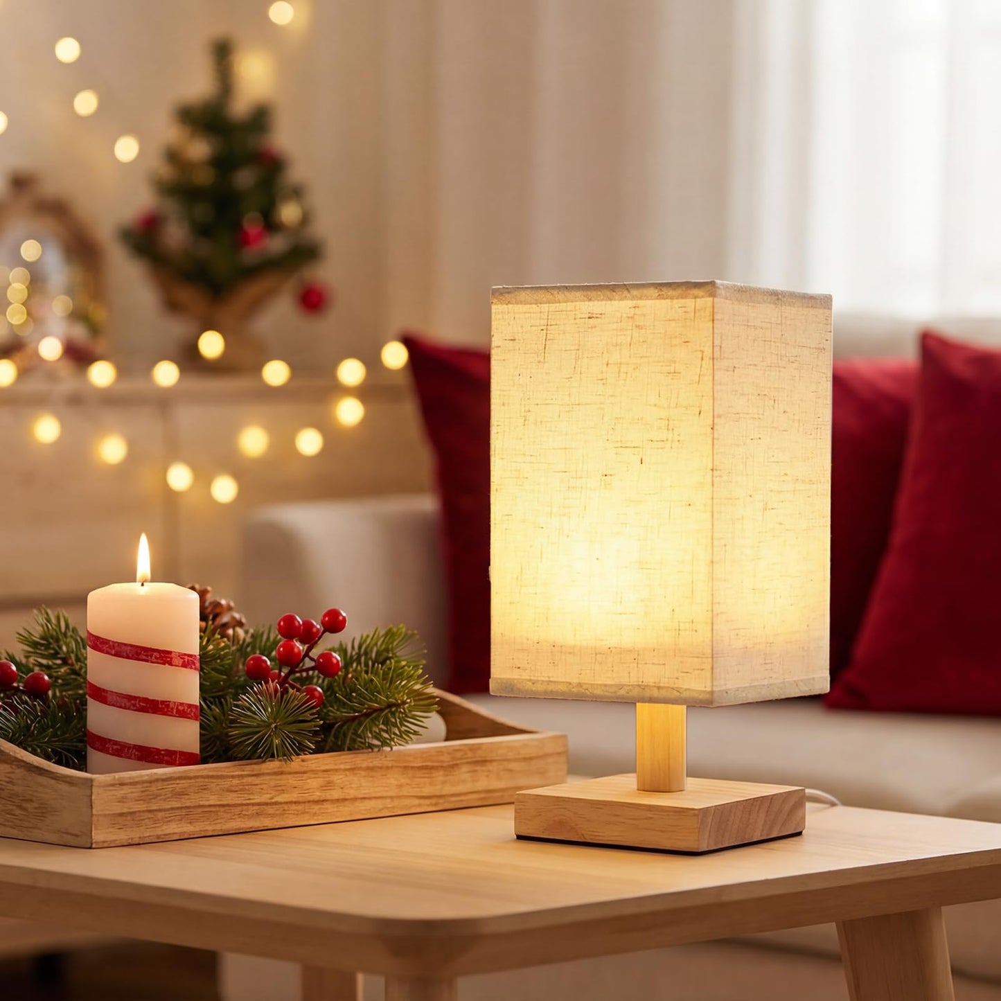 Oizuon Small Table Lamp Set of 2, Square Short Bedside Lamps 2700K Warm LED with Linen Shade & Wood Base, USB Mini Nightstand Lamps for Bedroom Living Room