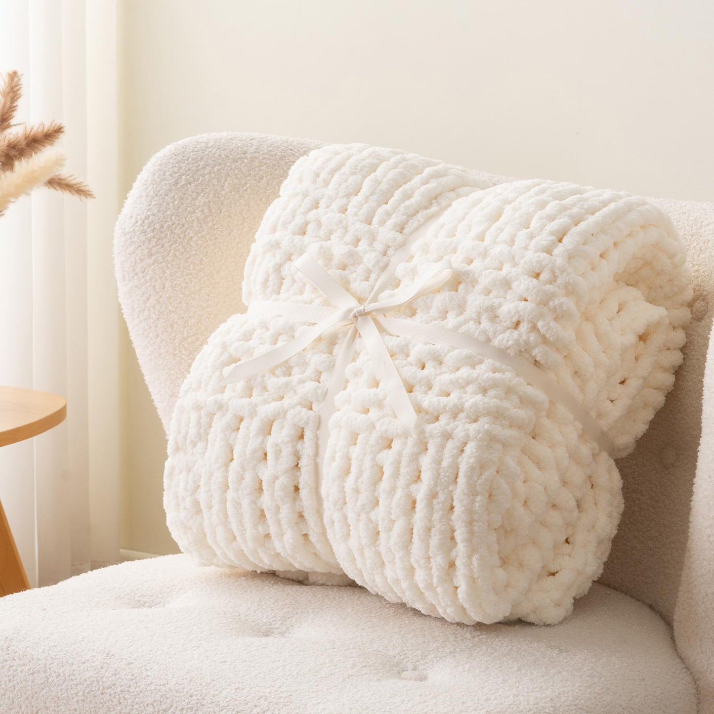 Bunnikins & Clover Cream White Hand Knitted Blanket with Chenille Yarn, Chunky Knit Ivory Throw Blanket for Bed Living Room Home Decor, 50"x60"