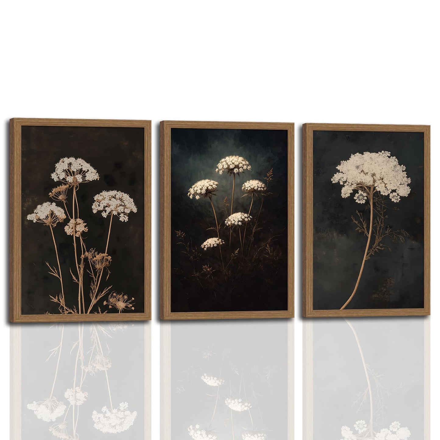 3Pcs Framed Moody Botanical Black Dark Flower Canvas Wall Art Set Elegant White Queen Anne’s Lace Flower Prints, Botanical Painting for Living Room, Bedroom, Office, Home Decor 12x16in
