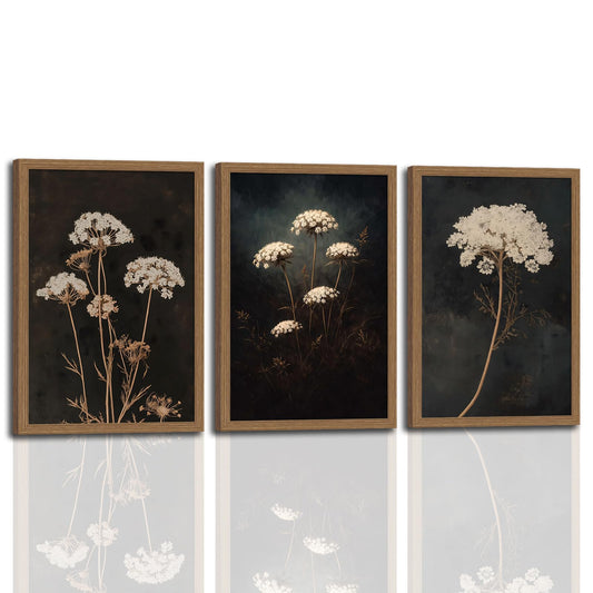 3Pcs Framed Moody Botanical Black Dark Flower Canvas Wall Art Set Elegant White Queen Anne’s Lace Flower Prints, Botanical Painting for Living Room, Bedroom, Office, Home Decor 12x16in