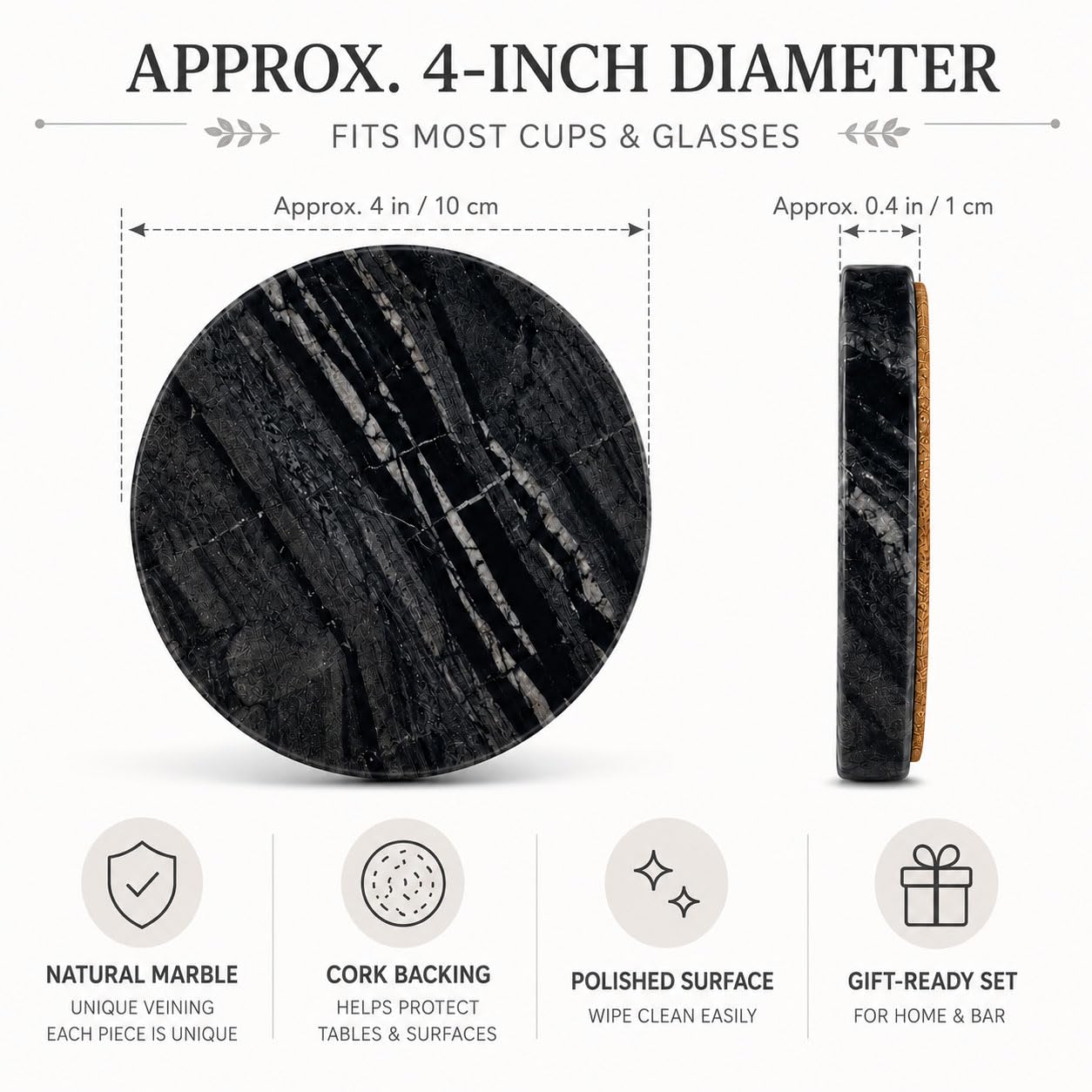 Terrarowth Midnight Black Marble Coasters Set of 4, Natural Stone Drink Coasters with Cork Backing, Round Black Marble Coasters for Bar Cart, Coffee Table & Home Decor