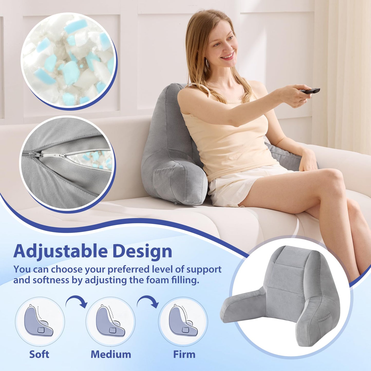 IASEAHK Back Pillow for Bed Sitting Up, Reading Pillows for Beds, Bed Pillow for Sitting up, Backrest Pillows with Arms for Adult, Filled with Shredded Memory Foam for Beds, Couch, Floor, Light Grey
