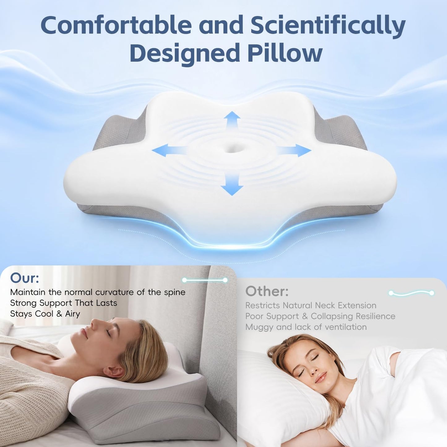 Missleep Cervical Neck Pillow, Memory Foam Pillows for Neck and Shoulder Pain Relief, 2 Heights Ergonomic Pillow with Breathable Ice Silk Cover, Neck Support Pillow for Side Sleepers White