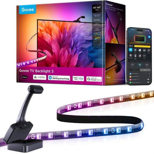 Govee TV Backlight 3 with Dual 4MP Lens, 11.8ft RGBWIC LED Strip Lights Sync to Screen for 55-65 inch TVs, 60 LEDs/m, Smart AI Color Filter for Movie/Game, App & Voice Control, Matter/Alexa Support
