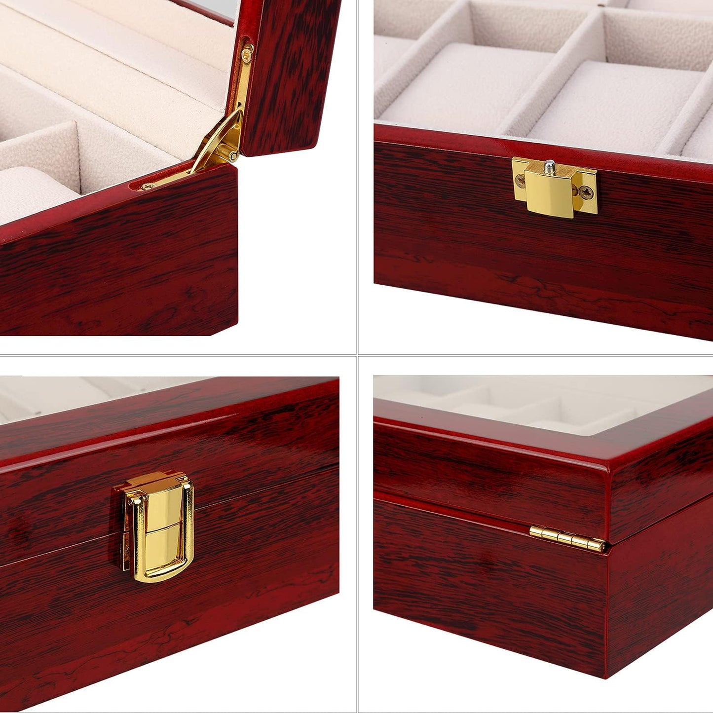 Uten Watch Box, 10 Slots Wooden Watch Case with Removable Watch Pillow, Metal Clasp Watch Display, Watch Box Organizer for Men and Women