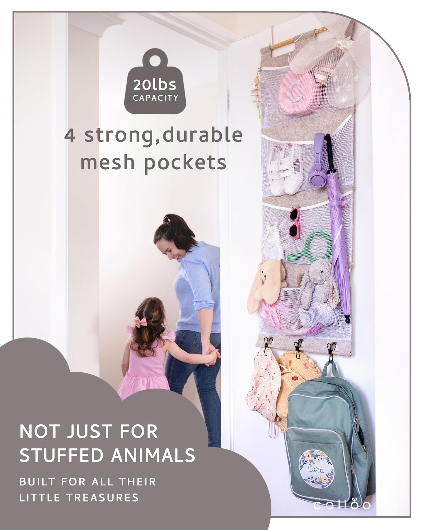 Calloo Over the Door Stuffed Animal Storage for Kids – Felt Organizer with Clips to Display Art and Mesh Pockets for Stuffies, Books and More – Space-Saving Hanging Design that Grows with your Child