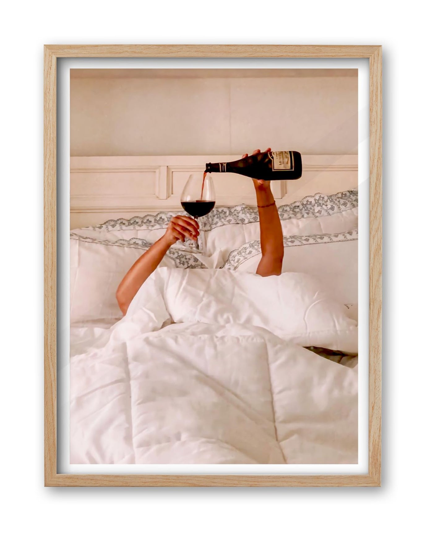 EcoHest 12x16 in Woman Drinking Wine in Bed Framed Wall Art for Bedroom
