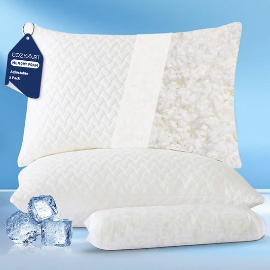 COZYART Shredded Memory Foam Pillows Queen Size Set of 2, Cooling Breathable Pillowcase, Adjustable Firm Bed Pillows for Side Back Stomach Sleepers