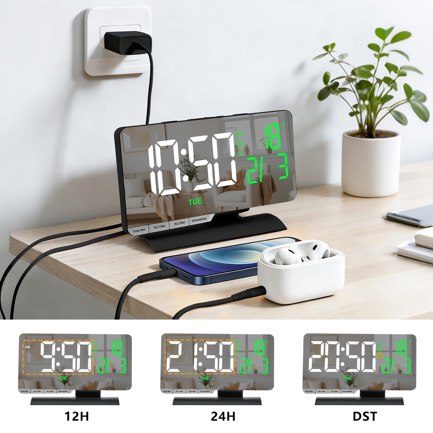 SZELAM Digital Clock,Alarm Clock Bedside,7.3'' Large LED Mirror with Date Display,Temperature,Dual Alarm with 3 Mode,Brightnee Adjust,DST,USB C Charging Port,5 Levels Volume for Desk Bedroom Teens