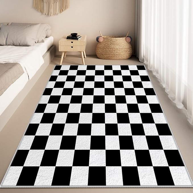 Black and White Checkered Rug for Living Room, 8x10 Area Rugs, Checkered Area Rug, Geometric Plaid Large Rugs, Geometrical Washable Non Slip Retro Carpet Home Floor Decor