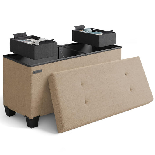 Storage Ottoman Bench with Bins, 30-in Storage Bench for Bedroom End of Bed, Folding Foot Rest Ottoman for Living Room Max 660lbs, Fabric Ottomans, Taupe