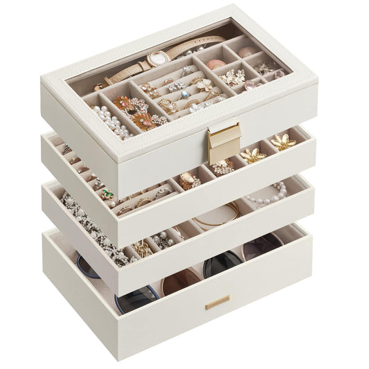 SONGMICS GISELLA Collection - Stackable Jewelry Trays, 4-Tier Jewelry Box, Drawer Jewelry Organizer, with Glass Lid, Removable Dividers, 6.7 x 11 x 7.2 Inches, Gift Idea, Cloud White UJBC164W01