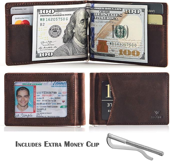 YBONNE Mens Slim Wallet with Money Clip Front Pocket RFID Blocking Thin Bifold Leather Card Holder Minimalist Mini Billfold